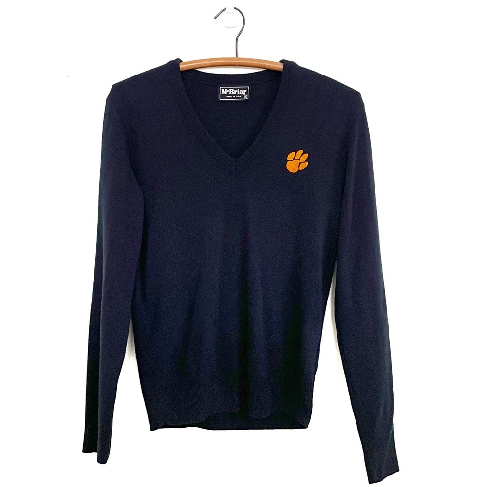 Vintage Clemson Tigers V Neck Sweater Paw Print Embroidery Navy Size Small